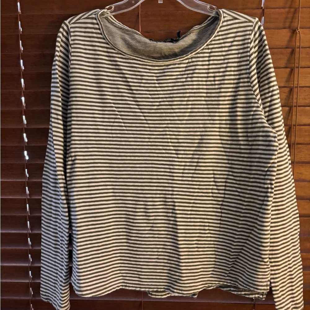 Ralph Lauren Olive Green and White Striped Long Sleeve Top